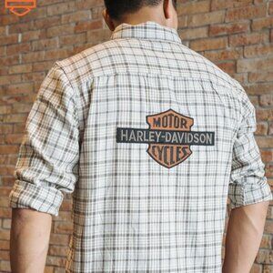 Harley Davidson Men’s Vintage Logo Plaid Shirt Beige, XL 100% Cotton Bikercore